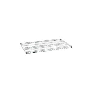 The Metro Super Erecta 2442NC Industrial Wire Shelf, Chrome, 24 x 42, features a grid-like pattern with raised edges on the sides, displayed elegantly against a white background to highlight its sleek design.