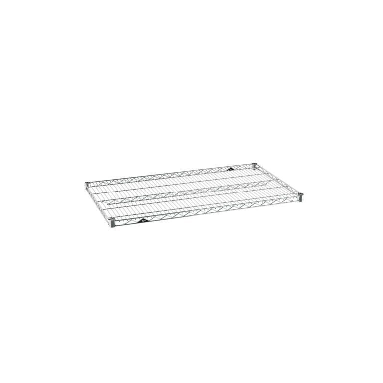 The Metro Super Erecta 2442NC Industrial Wire Shelf, Chrome, 24 x 42, features a grid-like pattern with raised edges on the sides, displayed elegantly against a white background to highlight its sleek design.