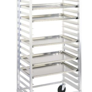 The Metro RT3511N Side-Load Knock Down Pan Rack, with 5 slide spacing and dimensions of 28.375 x 18.75 x 64.125, features a metal frame, multiple shelves, is open-sided, mobile on four wheels, and ideal for easy tray storage or transport in kitchens or bakeries.