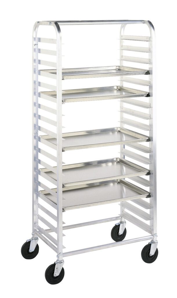 h779xmkam1z2f754xxs6exwxj7ql5ryj.jpg The Metro RT3511N Side-Load Knock Down Pan Rack, with 5 slide spacing and dimensions of 28.375 x 18.75 x 64.125, features a metal frame, multiple shelves, is open-sided, mobile on four wheels, and ideal for easy tray storage or transport in kitchens or bakeries.