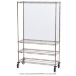 The Metro SHC184880K4-MUB-4 Mobile Protective Barrier Shield Stand in Metroseal Gray features three wire shelves and caster wheels. A clear panel is depicted but not included.