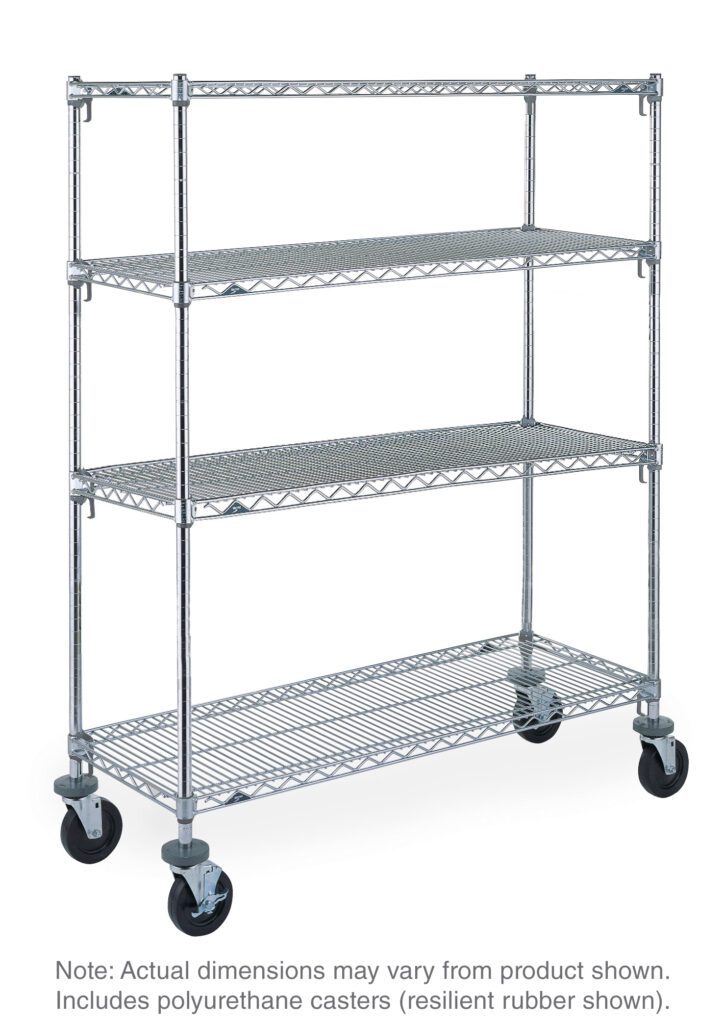 The Metro Super Adjustable Super Erecta SA-184880C-MU-4 is an 18 x 48 x 80 chrome 4-shelf industrial wire shelving cart with durable polyurethane stem casters. Dimensions may vary, but its rubber casters are designed for resilience.