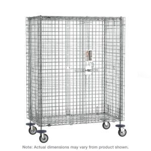 The Metro SEC53ECPL Super Erecta Mobile Security Shelving Unit, 27.25 x 40.75 x 67.9375, combines industrial design with a sleek chrome finish, lockable door, vertical handle, sturdy structure, and an electronic PIN lock for enhanced security.