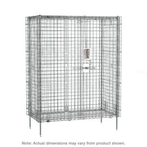 The chrome Metro SEC56CPL Super Erecta Stationary Security Shelving Unit includes a metal wire storage cage with electronic PIN lock, measures 27.25 x 62.5 x 66.8125, is elevated on four legs, and comes with the note: Actual dimensions may vary from product shown.