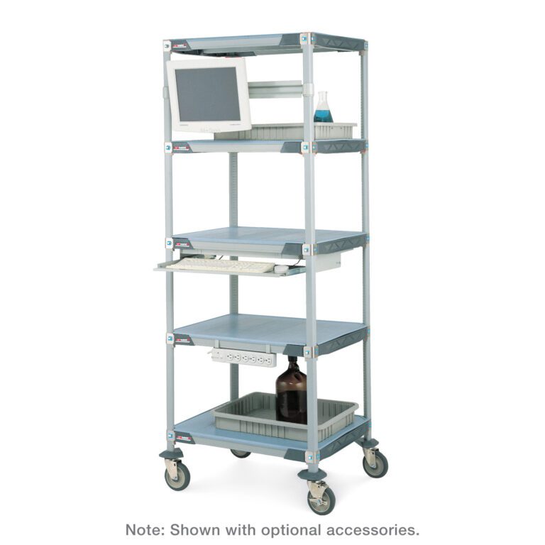 The Metro HPLC1X3 MetroMax i 5-Shelf Single HPLC Experiment Cart is a tall, blue metal utility cart with wheels. It has five shelves for holding a monitor, keyboard, blue liquid container, brown bottle, and power strip. Accessories are optional as indicated below the image.