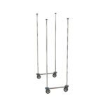 Two tall, vertical metal poles with wheels at the base, positioned parallel to each other on a white background.