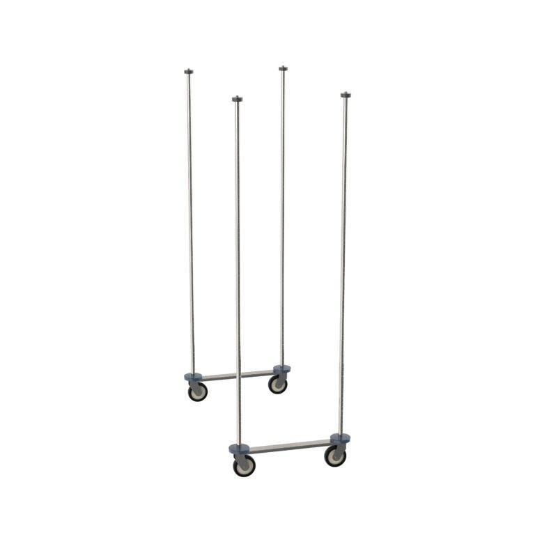 Two tall, vertical metal poles with wheels at the base, positioned parallel to each other on a white background.
