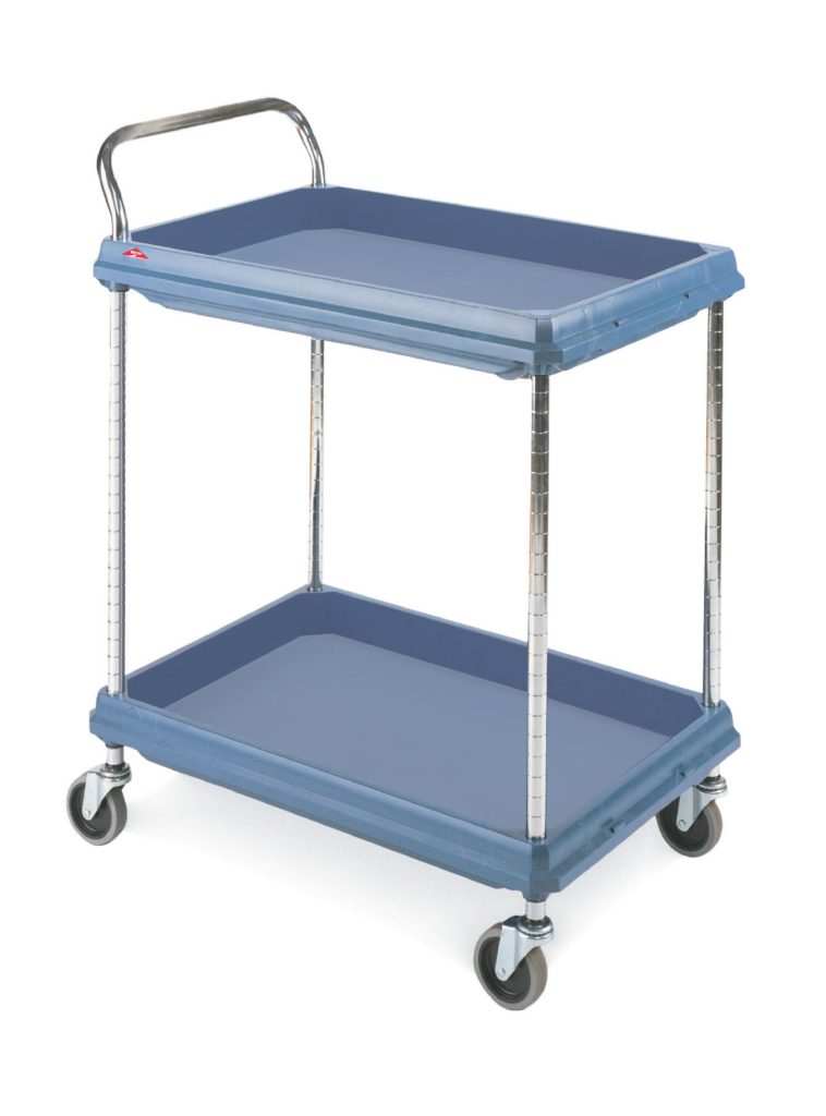 if6k9lj63l9tjzgsgqf89mam264wp1n1.jpg A gray utility cart with two shelves and four swivel wheels. The cart has a metal frame and is designed for carrying items. A handle is attached to the top shelf for pushing or pulling.