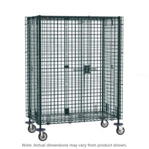 The Metro SEC56EK3 Super Erecta Mobile Security Shelving Unit, finished in Metroseal Green Epoxy, features a sleek mesh design with a central door. Its dimensions are 27.25 x 65 x 67.9375, and its equipped with four wheels for easy mobility. Note: dimensions may vary slightly.