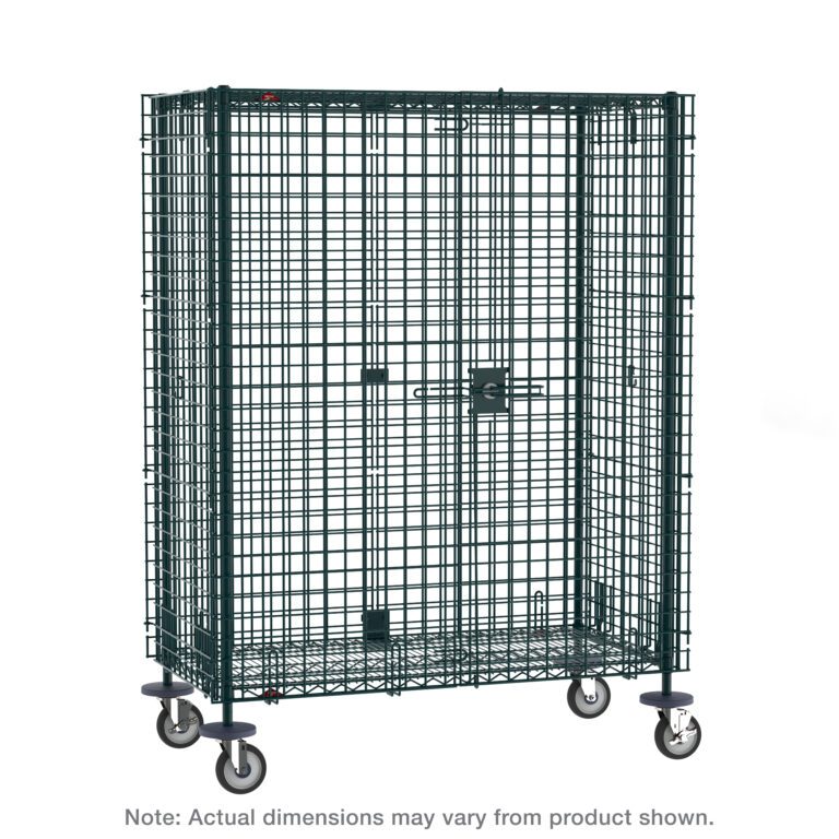 iipr9oml5h11diixojca23wjuzjvz1f3.jpg The Metro SEC56EK3 Super Erecta Mobile Security Shelving Unit, finished in Metroseal Green Epoxy, features a sleek mesh design with a central door. Its dimensions are 27.25 x 65 x 67.9375, and its equipped with four wheels for easy mobility. Note: dimensions may vary slightly.