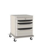 The Metro SXR28KL1 Starsys 28 tall key locking undercounter storage cart features a beige metal frame with four lockable drawers, black handles, and sits on wheels. It blends stylishly against a white backdrop, ensuring security and elegance for your items.
