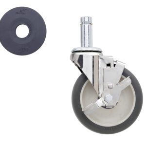 A black circular rubber bumper is on the left, with Metro engraved on it. On the right, a swivel caster wheel with a gray rubber tire and metal frame is shown, featuring a stem mount and locking mechanism.
