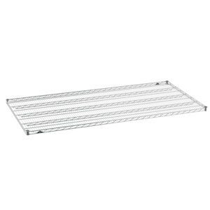 The Metro Super Erecta 3672NC Industrial Wire Shelf, Chrome, 36 x 72, has a rectangular grid structure with reinforced edges and support rods for stability, perfect for modular shelving units.