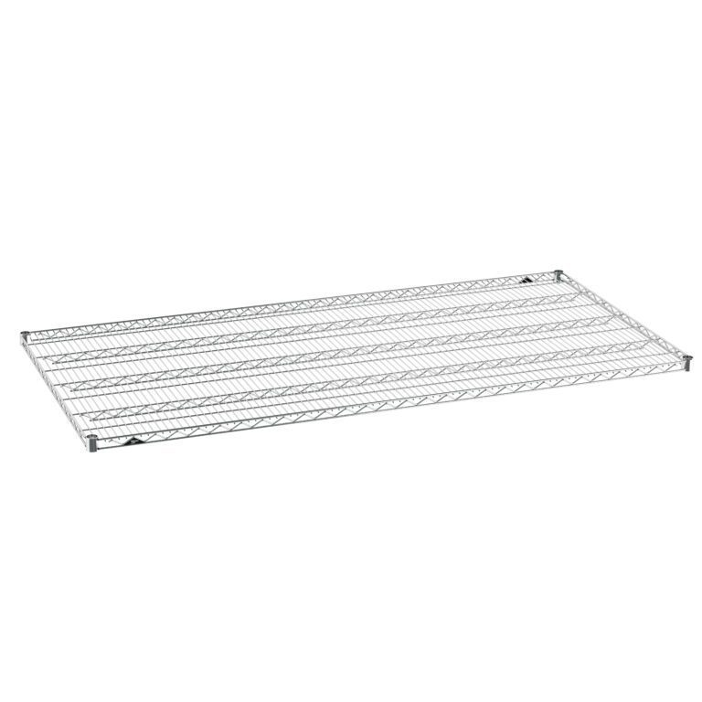 ivwitl8aebltf0t7i62gs8l07dsaw1mz.jpg The Metro Super Erecta 3672NC Industrial Wire Shelf, Chrome, 36 x 72, has a rectangular grid structure with reinforced edges and support rods for stability, perfect for modular shelving units.
