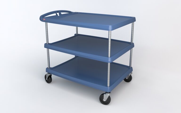 The Metro MY2636-35BU myCart Series utility cart, measuring 26 x 36, is a blue three-tier unit featuring Microban protection, sturdy metal legs, smooth black wheels, and a handle for easy maneuvering, all presented on a plain white background.