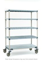 The MetroMax Q 5Q567EG3 mobile cart boasts five industrial plastic shelves including a solid bottom, measuring 24 x 60 x 80. Its sleek design features flat metal grid shelves on wheels, set against a plain white backdrop. Dimensions may vary from those shown.