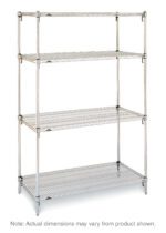 The Metro Super Adjustable Super Erecta SA-243674C-S-4, a chrome 24 x 36 x 74 wire shelving unit, includes four adjustable tiers for versatile storage. Supported by sturdy metal poles, it ensures reliability and flexibility; actual dimensions may vary.