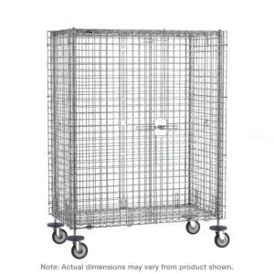 The Metro SEC56DC Super Erecta Mobile Security Shelving Unit, Chrome, 27.25 x 65 x 67.9375, is a large rectangular cage on wheels with a lockable door, set against a white background; dimensions may vary from the product shown.