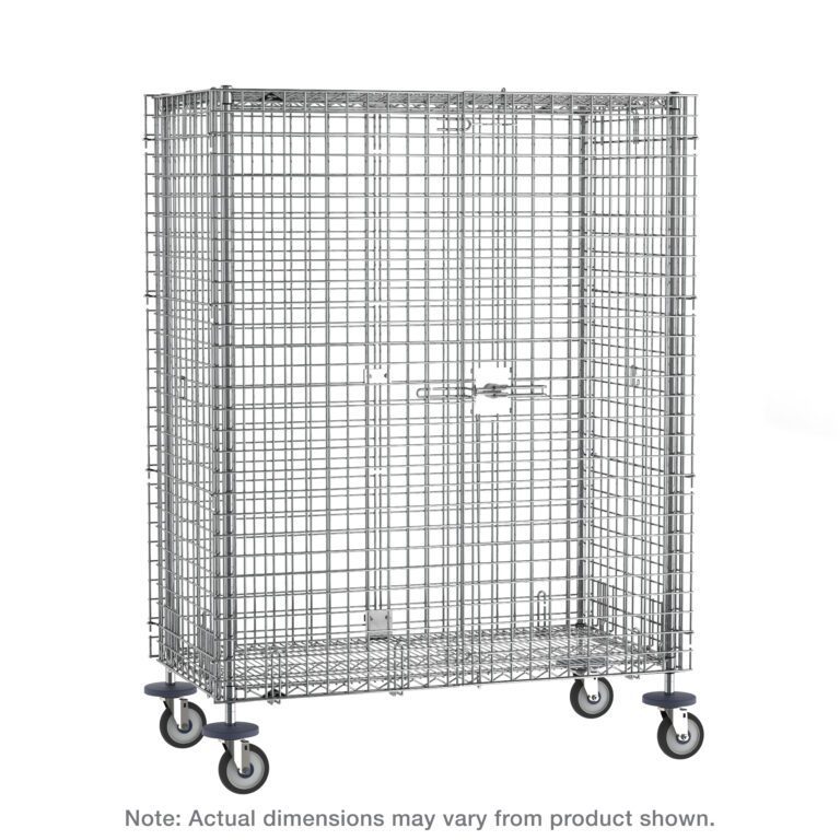 The Metro SEC56DC Super Erecta Mobile Security Shelving Unit, Chrome, 27.25 x 65 x 67.9375, is a large rectangular cage on wheels with a lockable door, set against a white background; dimensions may vary from the product shown.