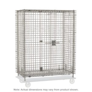 The Metro SEC56S-HD Super Erecta Heavy-Duty Unit is a stainless steel cage with a lockable door, designed for secure transport or storage. It measures 28.0625x63.125x62, mounted on a white base with four casters (not included). Note: Dimensions may vary from the product shown.