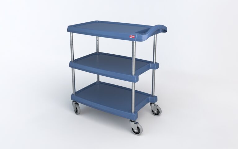 The Metro MY1627-34BU myCart Series 3-Shelf Utility Cart, featuring a vibrant blue design and Microban protection, measures 16 x 27. It has silver metal supports, a small red label on the top shelf edge, and four swiveling wheels for easy mobility.