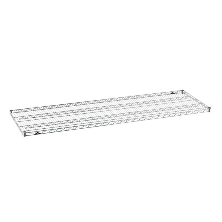 jz0023h7bkm0ifmv11sm9ol69vchzxkz.jpg A single metal wire shelf with a rectangular shape and grid design, viewed from the top on a white background. It has four corner supports and is intended for use in storage or organizing spaces.