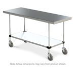 The Metro MWTS2460FS Space Saver Stainless Steel Mobile Worktable features a sleek design, stainless bottom shelf, and measures 24 x 60. It includes four wheels for easy mobility. Dimensions may vary slightly.