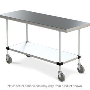 The Metro MWTS2460FS Space Saver Stainless Steel Mobile Worktable features a sleek design, stainless bottom shelf, and measures 24 x 60. It includes four wheels for easy mobility. Dimensions may vary slightly.