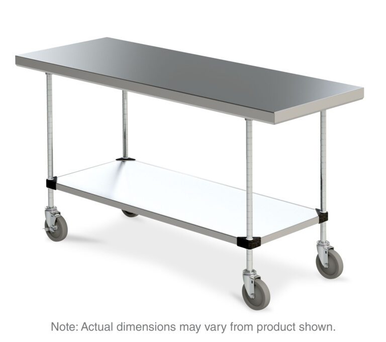 The Metro MWTS2460FS Space Saver Stainless Steel Mobile Worktable features a sleek design, stainless bottom shelf, and measures 24 x 60. It includes four wheels for easy mobility. Dimensions may vary slightly.