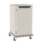 The Metro SXR40NL2 Starsys 40 Tall Non-Locking Undercounter Storage Cart has a sleek stainless steel frame, four swivel casters, and a closed door, combining modern industrial design with secure mobile storage.