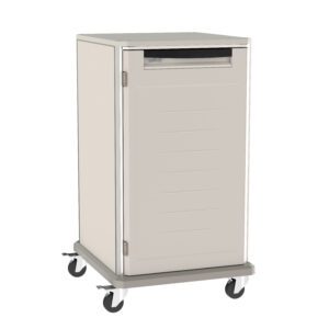 The Metro SXR40NL2 Starsys 40 Tall Non-Locking Undercounter Storage Cart has a sleek stainless steel frame, four swivel casters, and a closed door, combining modern industrial design with secure mobile storage.