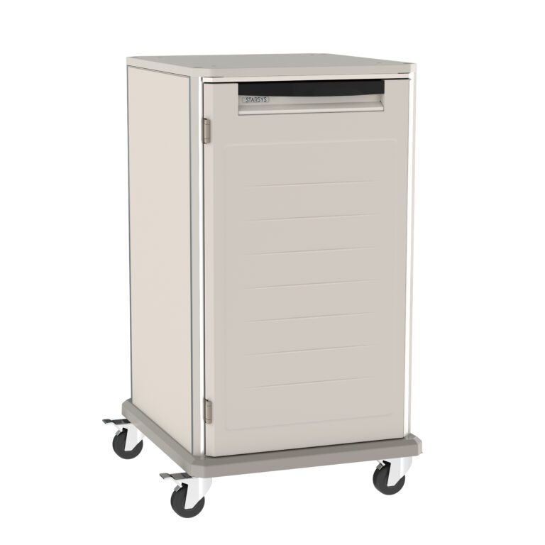 The Metro SXR40NL2 Starsys 40 Tall Non-Locking Undercounter Storage Cart has a sleek stainless steel frame, four swivel casters, and a closed door, combining modern industrial design with secure mobile storage.