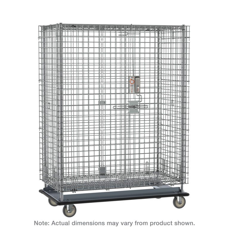 The Metro SEC56LCPL Super Erecta Heavy-Duty Mobile Security Shelving Unit is a large, rectangular chrome wire cage on wheels with an electronic PIN lock. The flat base units dimensions, 28.0625 x 63.125 x 68.4375, may vary from the product shown.