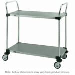 The Metro MW105 MW Series Utility Cart, with two stainless steel solid shelves, measures 18 x 36 x 38 and includes four swivel wheels for easy movement. Metal handles are provided for maneuverability. Note: dimensions may vary slightly.
