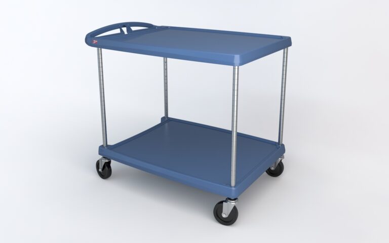 krr8qggg88e8yx1kijxtasvne788ph59.jpg The Metro MY2636-25BU myCart Series 2-Shelf Utility Cart in blue has Microban protection, a convenient handle, sturdy metal rods, and four black swivel wheels for easy movement. Its compact 26 x 36 design stands out against a plain white background.