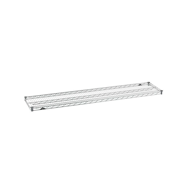 The Metro Super Erecta 1460NC Industrial Wire Shelf, a long, rectangular 14 x 60 unit with a chrome finish, features a grid pattern and four corner brackets, set against a white background.