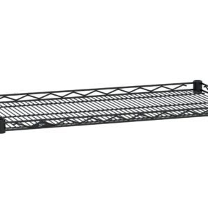The Metro HDM1436BL Super Erecta Drop Mat Wire Display Shelf is a sleek black 14 x 36 metal unit with a rectangular frame, grid design, decorative crisscross sides, and four short corner posts.
