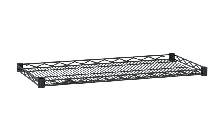 The Metro HDM1436BL Super Erecta Drop Mat Wire Display Shelf is a sleek black 14 x 36 metal unit with a rectangular frame, grid design, decorative crisscross sides, and four short corner posts.