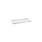 A metal wire shelving unit with a rectangular shape and reinforced edges. The shelf has a grid pattern and is designed for storage, featuring a silver finish.