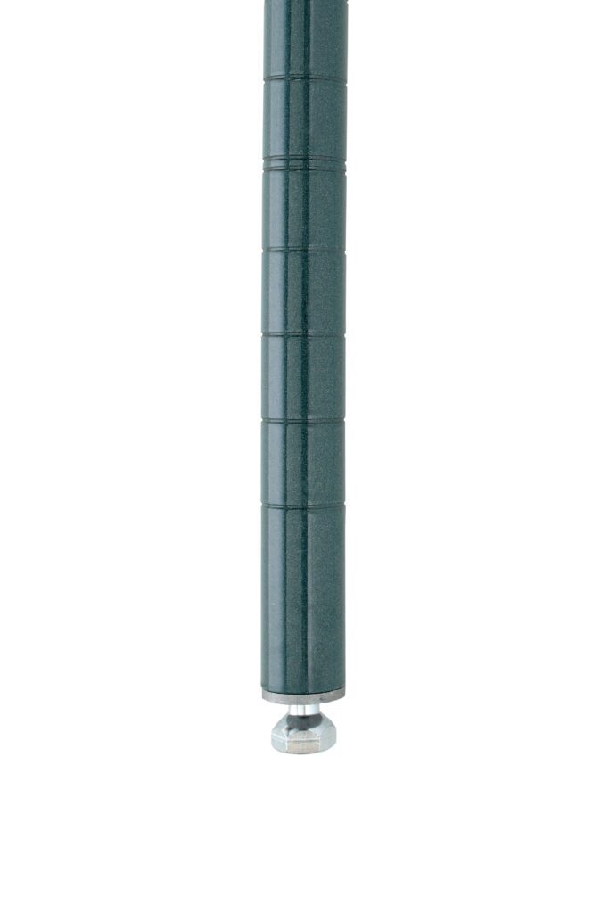 Close-up of a segmented, dark cylindrical object with a metallic base, resembling the Metro Super Erecta 86PK3 SiteSelect Industrial Wire Shelving Post (Metroseal Green Epoxy, 86 H), against a white background.