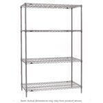 The Metro SE-243674K4-S-4 Super Erecta 4-Shelf Industrial Wire Shelving Starter Unit, in Metroseal Gray Epoxy, features four adjustable tiers with a sturdy grid pattern and stabilizing vertical rods. Dimensions are 24 x 36 x 74, subject to slight variation from the product shown.