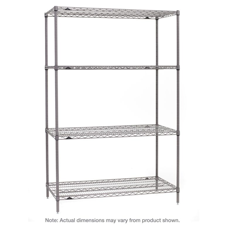 The Metro SE-243674K4-S-4 Super Erecta 4-Shelf Industrial Wire Shelving Starter Unit, in Metroseal Gray Epoxy, features four adjustable tiers with a sturdy grid pattern and stabilizing vertical rods. Dimensions are 24 x 36 x 74, subject to slight variation from the product shown.