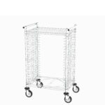 The Metro CBNTCS20M Side-Load PCB Handling Cart is a metal wire grid rack on wheels with multiple horizontal shelves, featuring four swiveling castor wheels for mobility and two side handles for easy maneuvering within its sturdy rectangular frame.