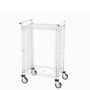 The Metro CBNTCS20M Side-Load PCB Handling Cart is a metal wire grid rack on wheels with multiple horizontal shelves, featuring four swiveling castor wheels for mobility and two side handles for easy maneuvering within its sturdy rectangular frame.