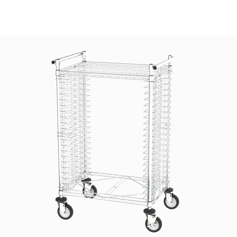 The Metro CBNTCS20M Side-Load PCB Handling Cart is a metal wire grid rack on wheels with multiple horizontal shelves, featuring four swiveling castor wheels for mobility and two side handles for easy maneuvering within its sturdy rectangular frame.