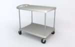 The Metro MY2636-25G myCart Series 2-Shelf Utility Cart, gray in color and measuring 26 x 36, provides functionality with its minimalist two-tiered design, sturdy wheels, handle, metal supports, all set against a plain white background.