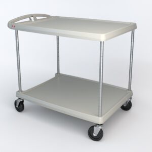 The Metro MY2636-25G myCart Series 2-Shelf Utility Cart, gray in color and measuring 26 x 36, provides functionality with its minimalist two-tiered design, sturdy wheels, handle, metal supports, all set against a plain white background.