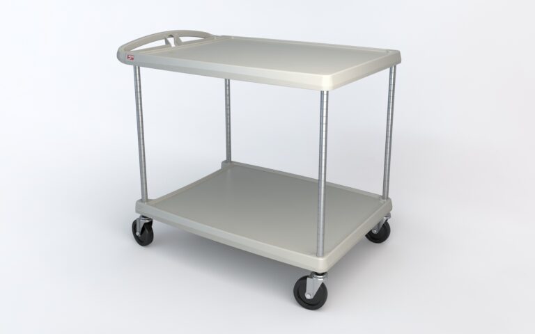 The Metro MY2636-25G myCart Series 2-Shelf Utility Cart, gray in color and measuring 26 x 36, provides functionality with its minimalist two-tiered design, sturdy wheels, handle, metal supports, all set against a plain white background.