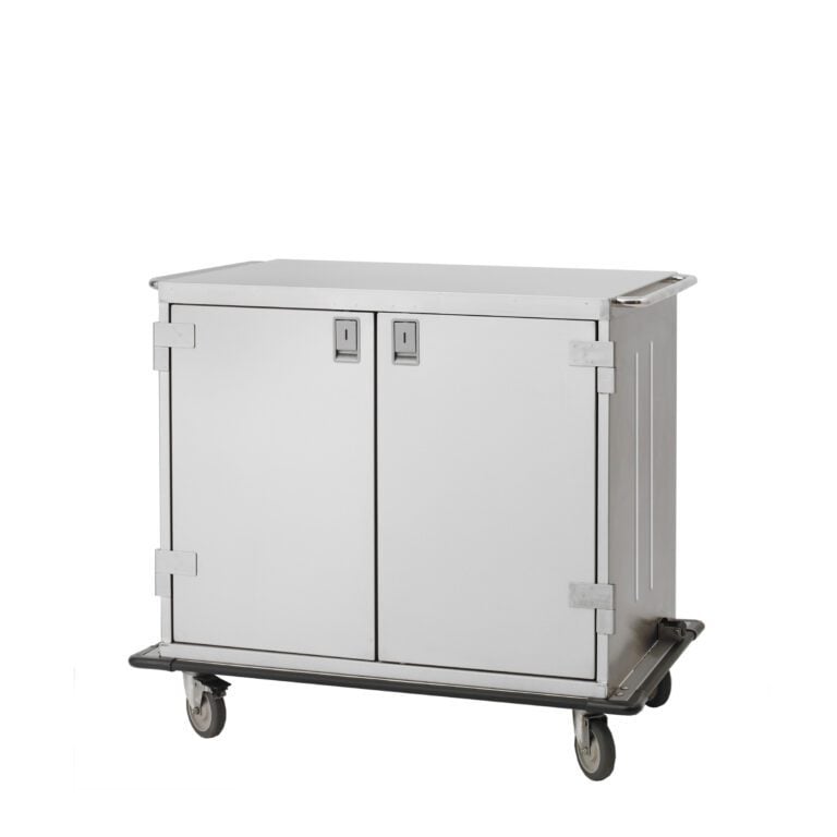 The Metro CASE36-L6S-P stainless steel closed case cart includes a passive lock, two closed doors, sturdy hinges, and a flat top. Perfect for onboard service, it measures 45 W x 28.6875 D x 39.5625 H and features four wheels for easy mobility with a sleek rectangular shape.