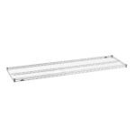 The Metro Super Erecta 2172NC Industrial Wire Shelf, Chrome, 21 x 72, features a rectangular design with a grid pattern, a sturdy frame, and two black clips at opposite corners for stability.